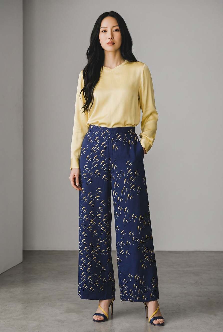 alice + olivia Navy Blue and Yellow Printed Wide-Leg Pants